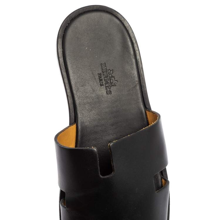 Pre Owned Hermes Black Leather Izmir Flat Slides Size 40
