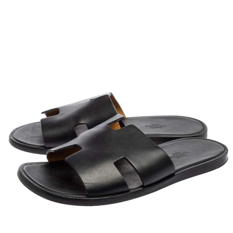 Pre Owned Hermes Black Leather Izmir Flat Slides Size 40
