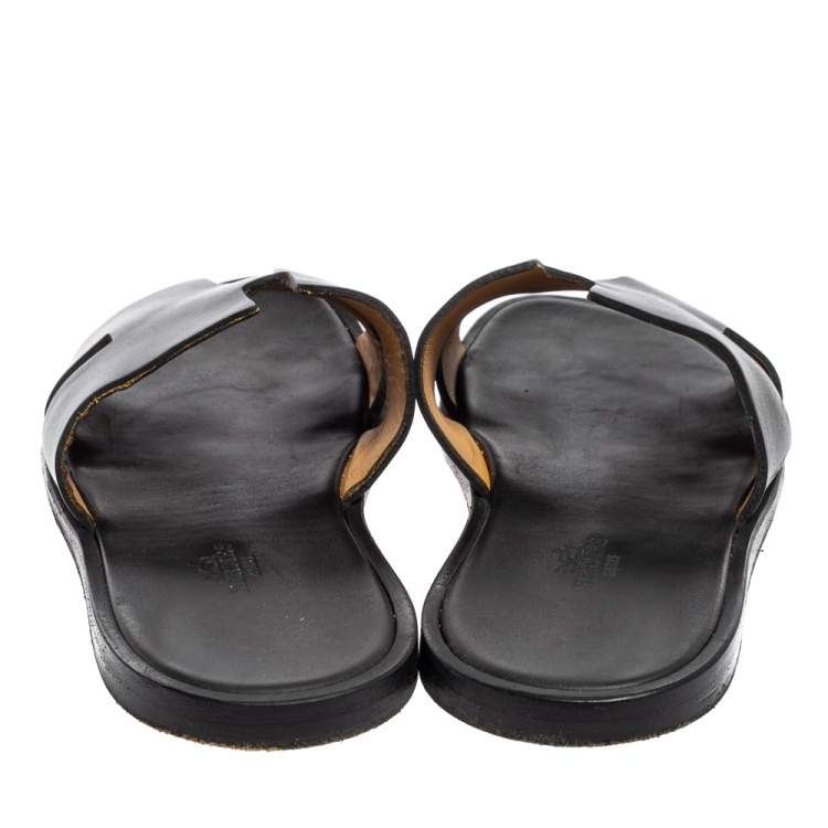 Pre Owned Hermes Black Leather Izmir Flat Slides Size 40