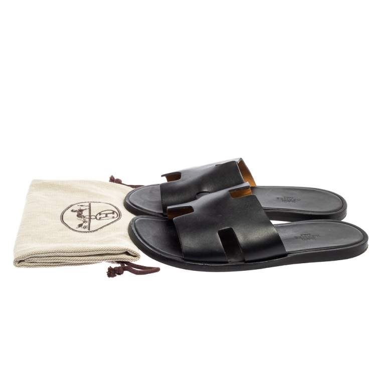 Pre Owned Hermes Black Leather Izmir Flat Slides Size 40