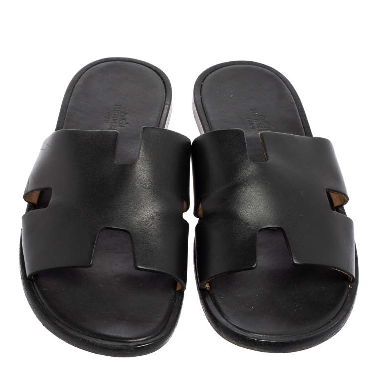 Pre Owned Hermes Black Leather Izmir Flat Slides Size 40