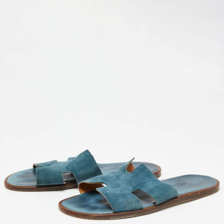 Pre Owned Hermes Blue Suede Izmir Flat Slides Size 44