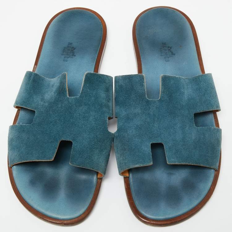 Pre Owned Hermes Blue Suede Izmir Flat Slides Size 44