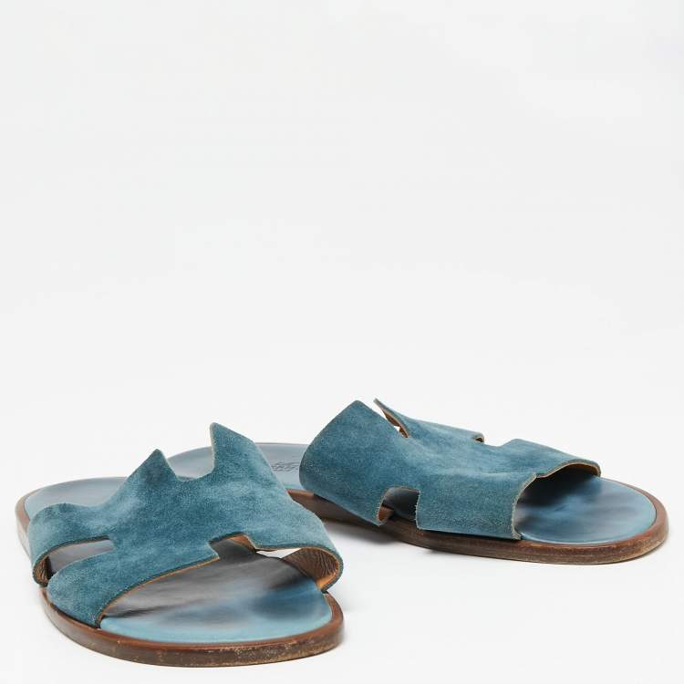 Pre Owned Hermes Blue Suede Izmir Flat Slides Size 44