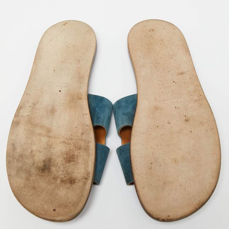 Pre Owned Hermes Blue Suede Izmir Flat Slides Size 44