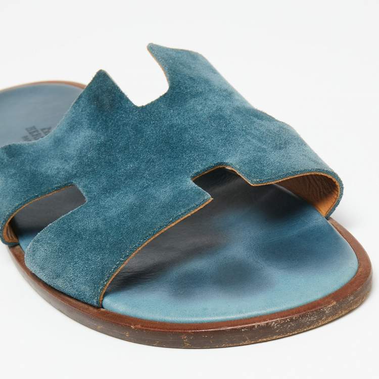 Pre Owned Hermes Blue Suede Izmir Flat Slides Size 44