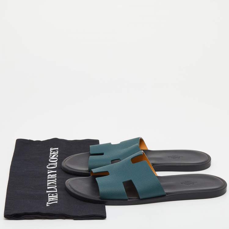Pre Owned Hermés Green Epsom Leather Izmir Flat Slides Size 42.5