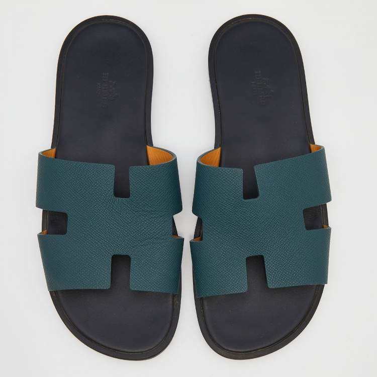 Pre Owned Hermés Green Epsom Leather Izmir Flat Slides Size 42.5