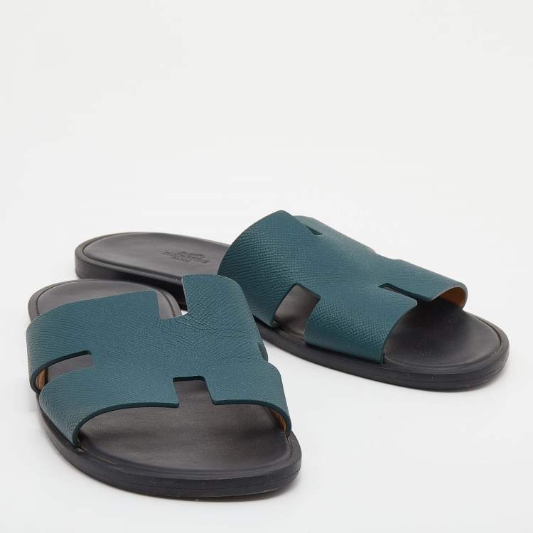 Pre Owned Hermés Green Epsom Leather Izmir Flat Slides Size 42.5
