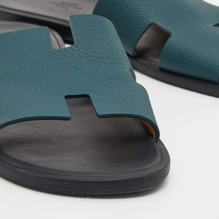 Pre Owned Hermés Green Epsom Leather Izmir Flat Slides Size 42.5