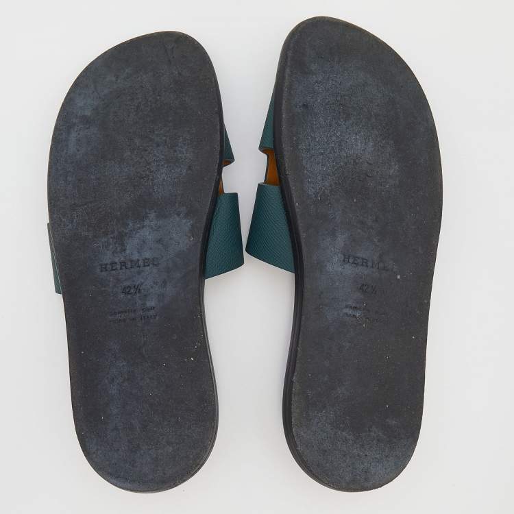 Pre Owned Hermés Green Epsom Leather Izmir Flat Slides Size 42.5