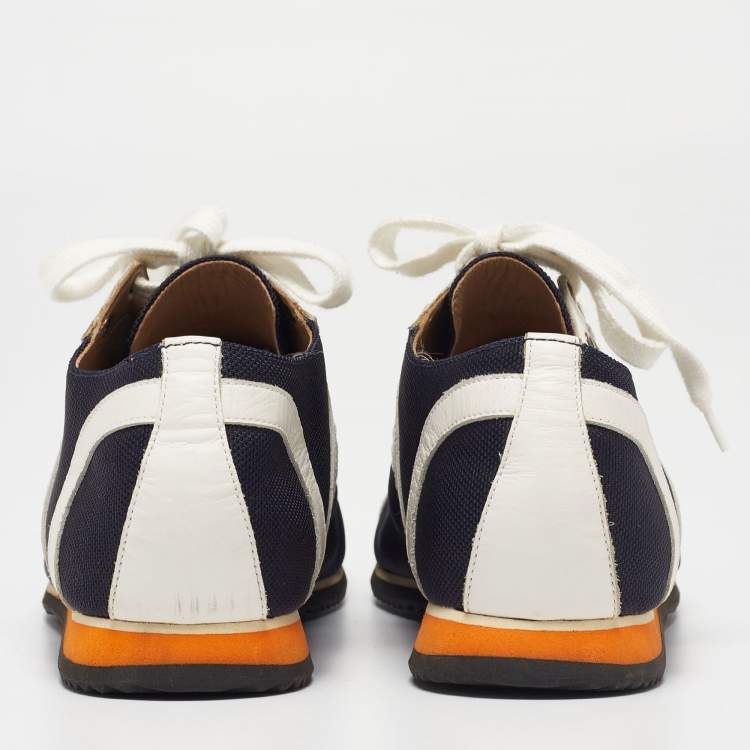 مملوكة مسبقًا Hermes Navy Blue/White Leather And Canvas Tie Break Low Top Sneakers Size 41 