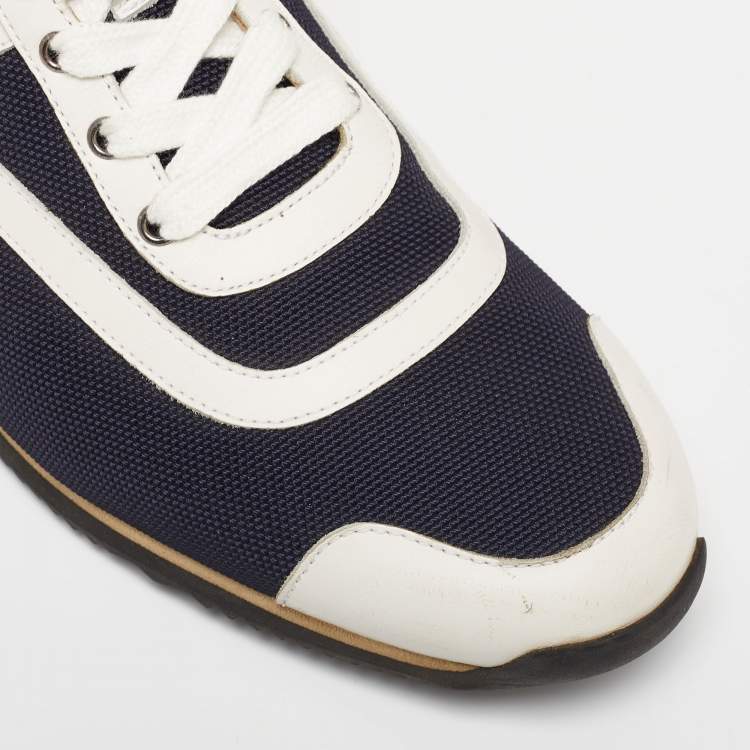 مملوكة مسبقًا Hermes Navy Blue/White Leather And Canvas Tie Break Low Top Sneakers Size 41 