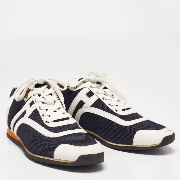 مملوكة مسبقًا Hermes Navy Blue/White Leather And Canvas Tie Break Low Top Sneakers Size 41 