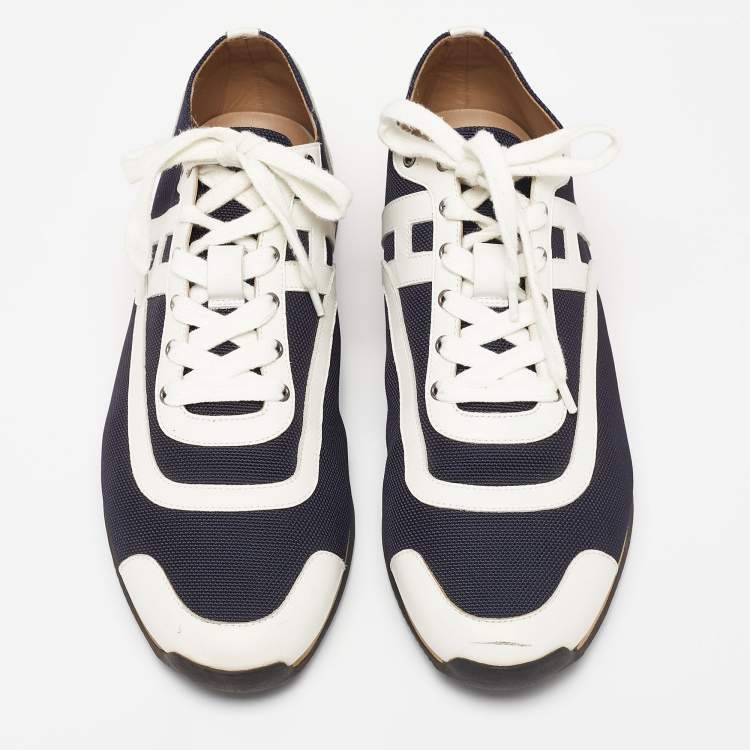 مملوكة مسبقًا Hermes Navy Blue/White Leather And Canvas Tie Break Low Top Sneakers Size 41 
