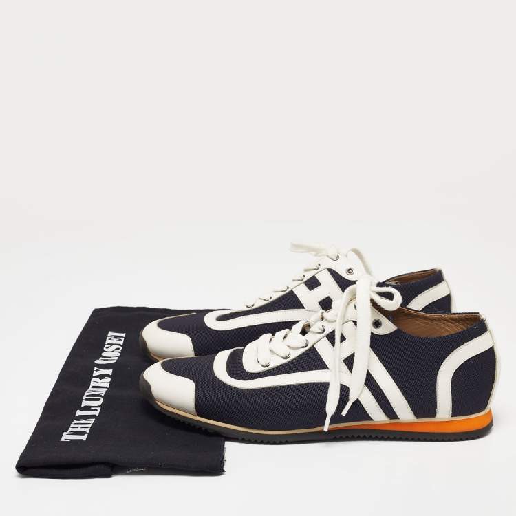 مملوكة مسبقًا Hermes Navy Blue/White Leather And Canvas Tie Break Low Top Sneakers Size 41 