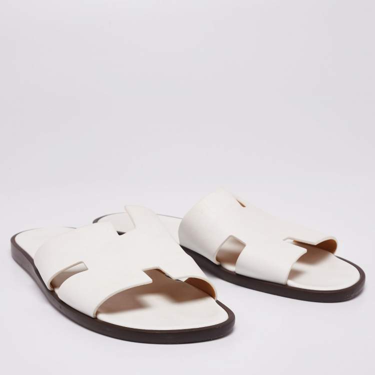 Pre Owned Hermes White Leather Izmir Flat Slides Size 46