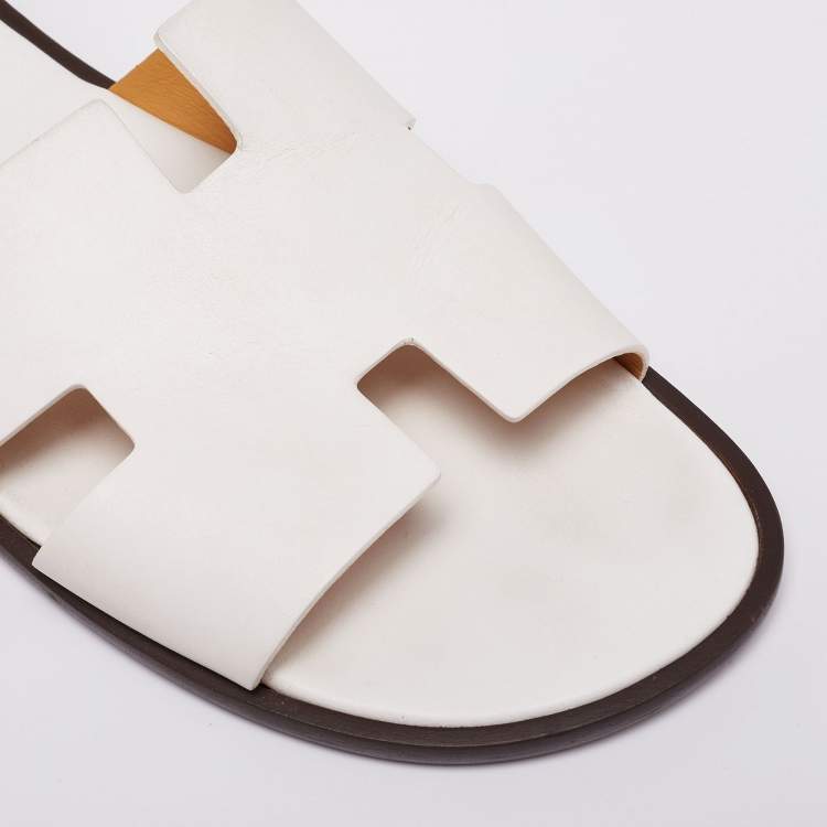 Pre Owned Hermes White Leather Izmir Flat Slides Size 46