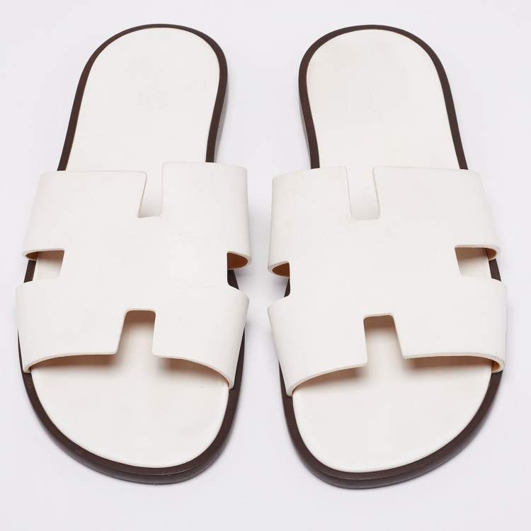 Pre Owned Hermes White Leather Izmir Flat Slides Size 46