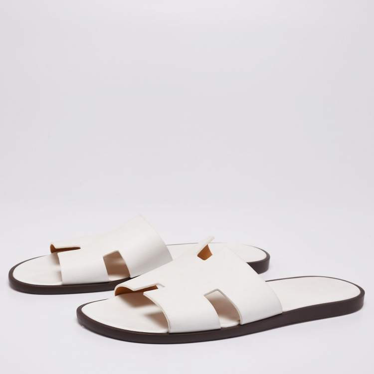 Pre Owned Hermes White Leather Izmir Flat Slides Size 46
