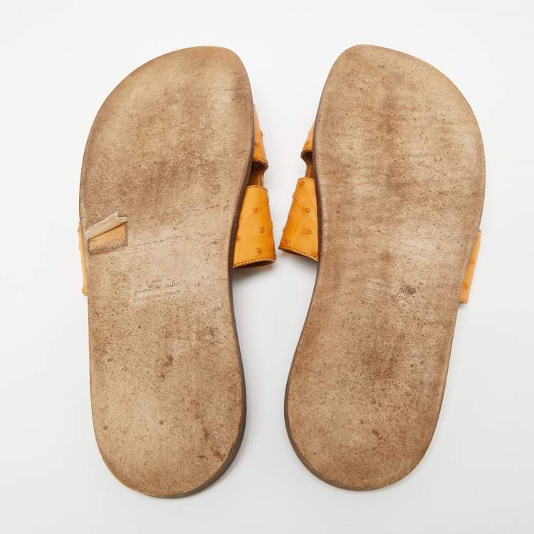 Pre Owned Hermes Light Orange Ostrich Leather Izmir Flat Slides Size 44.5