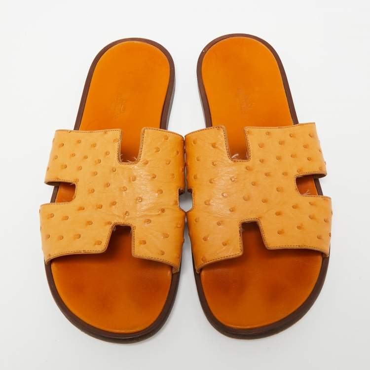 Pre Owned Hermes Light Orange Ostrich Leather Izmir Flat Slides Size 44.5