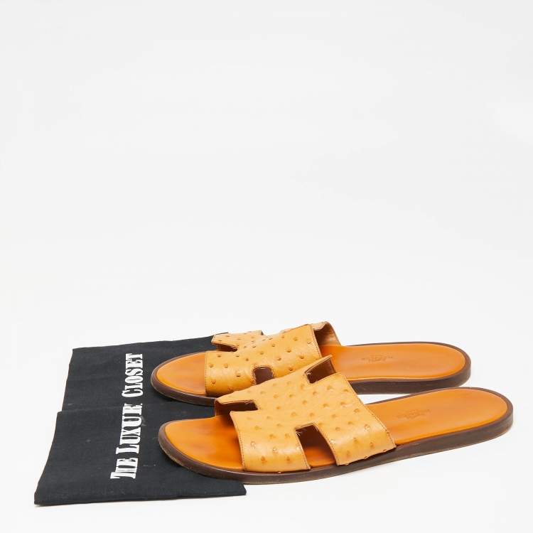 Pre Owned Hermes Light Orange Ostrich Leather Izmir Flat Slides Size 44.5