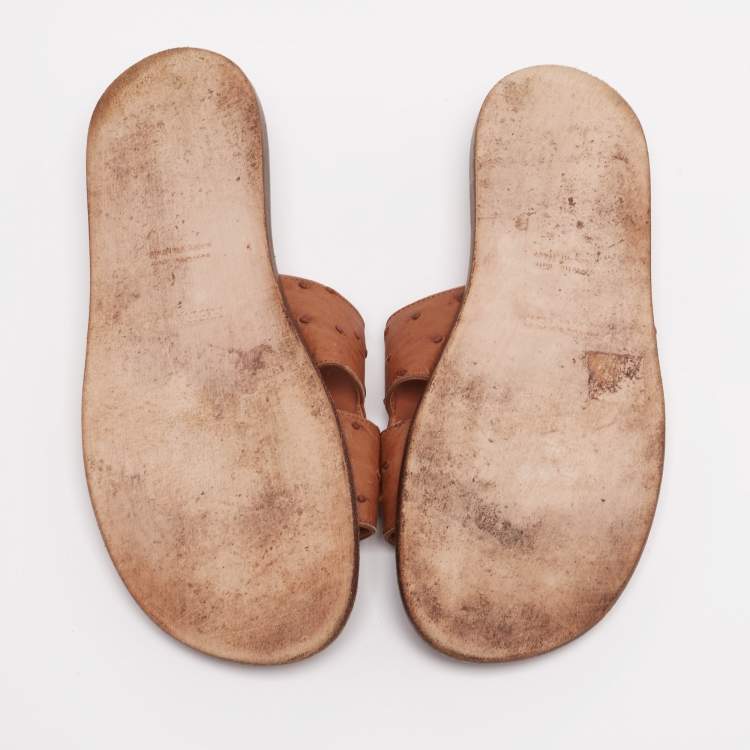Pre Owned Hermes Brown Ostrich Izmir Sandals Size 42