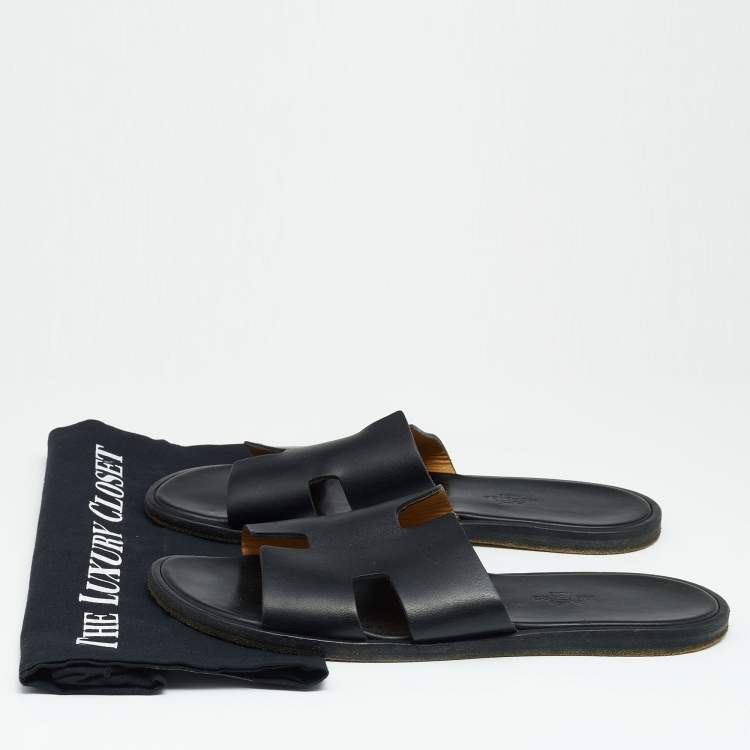 Pre Owned Hermes Black Leather Izmir Slide Sandals Size 43