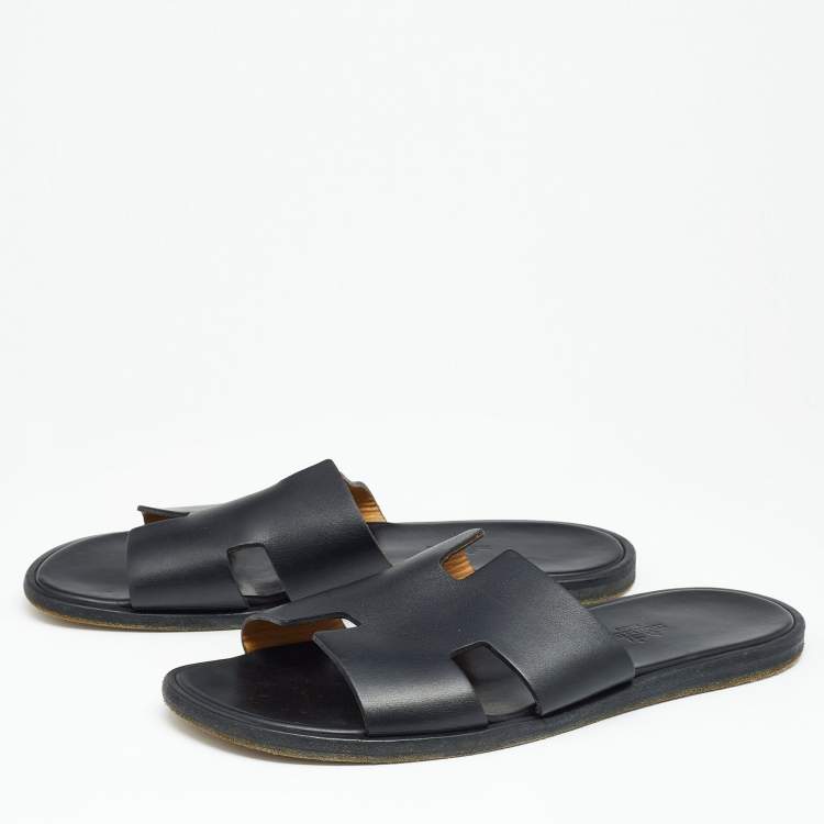 Pre Owned Hermes Black Leather Izmir Slide Sandals Size 43
