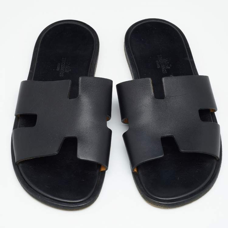 Pre Owned Hermes Black Leather Izmir Slide Sandals Size 43