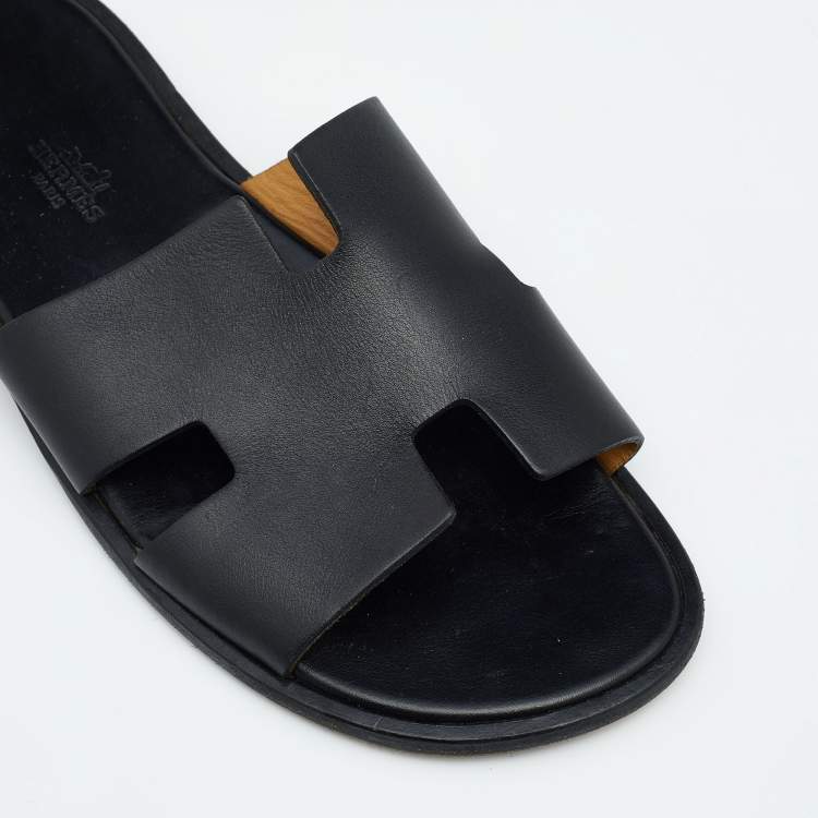 Pre Owned Hermes Black Leather Izmir Slide Sandals Size 43