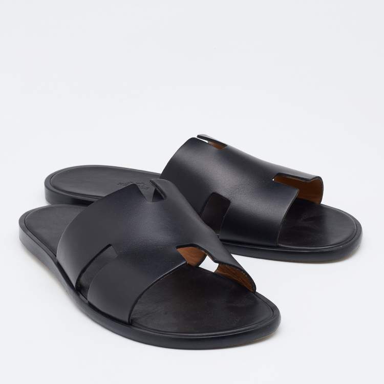 Pre Owned Hermes Black Leather Izmir Slide Sandals Size 45