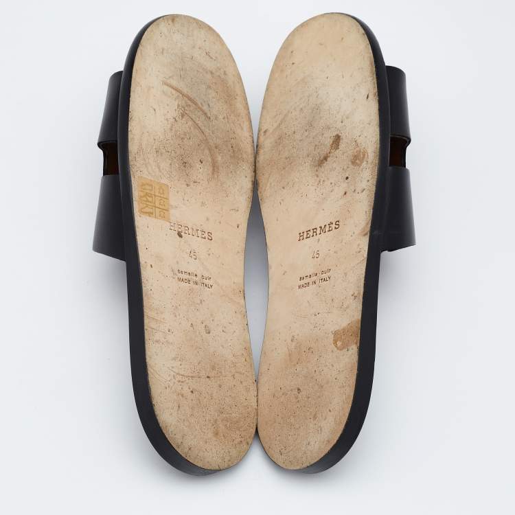 Pre Owned Hermes Black Leather Izmir Slide Sandals Size 45