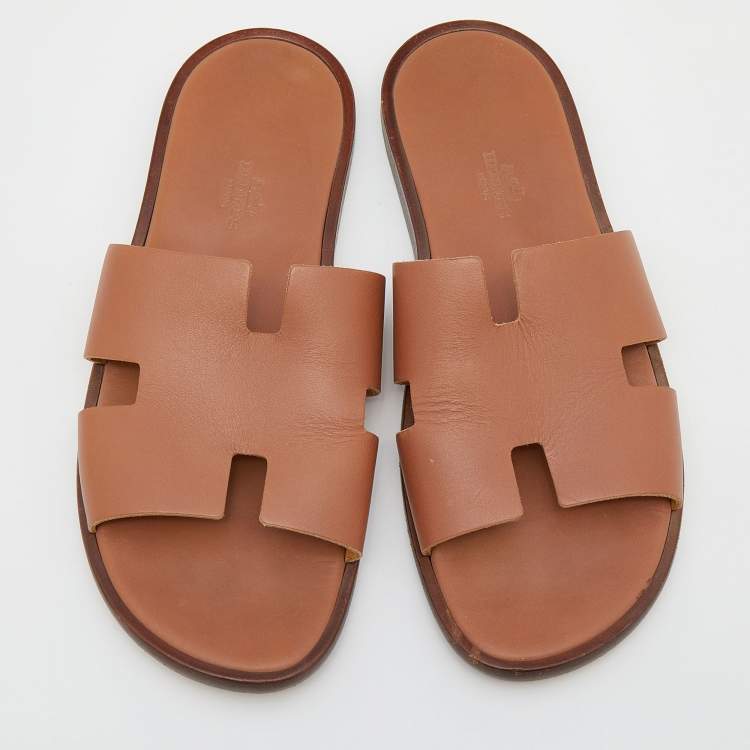 Pre Owned Hermes Brown Leather Izmir Slide Sandals Size 41