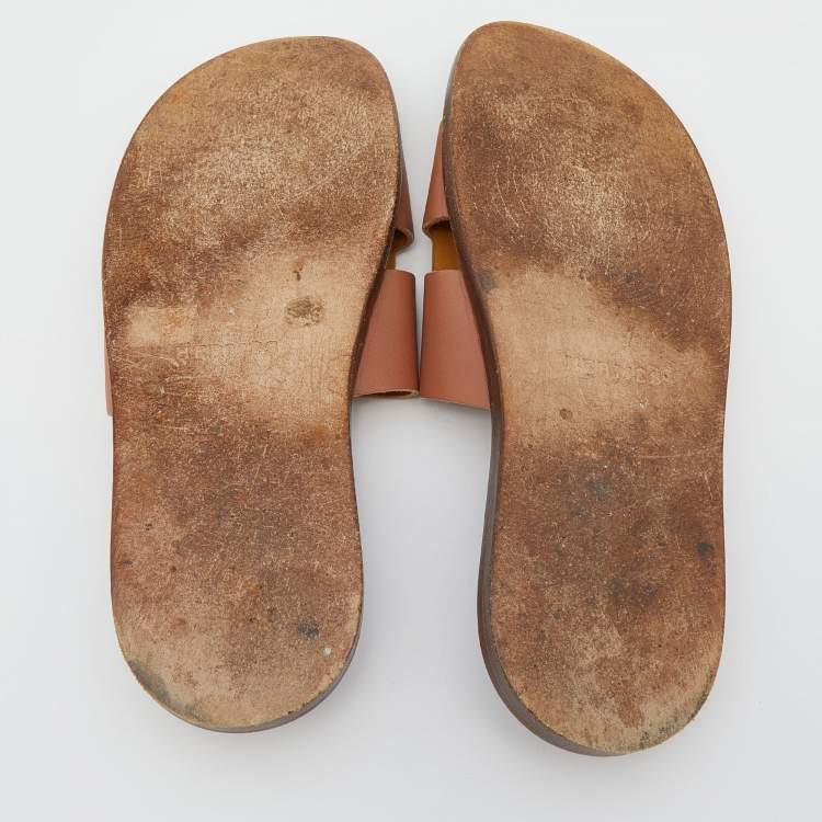 Pre Owned Hermes Brown Leather Izmir Slide Sandals Size 41