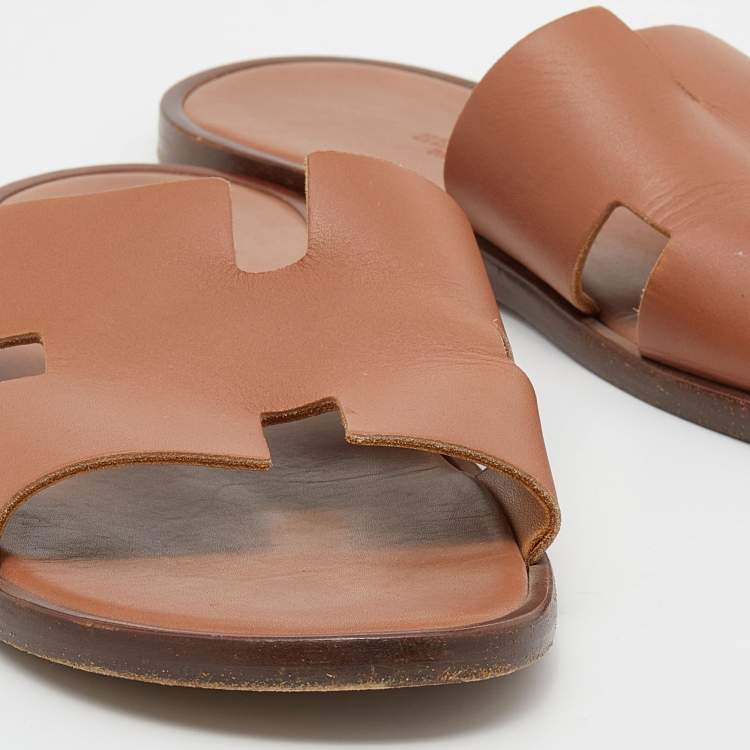 Pre Owned Hermes Brown Leather Izmir Slide Sandals Size 41
