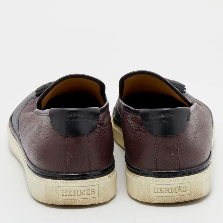 Pre Owned Hermes Blue/Burgundy Brogue Leather Must Tassel Slip On Sneakers Size 44