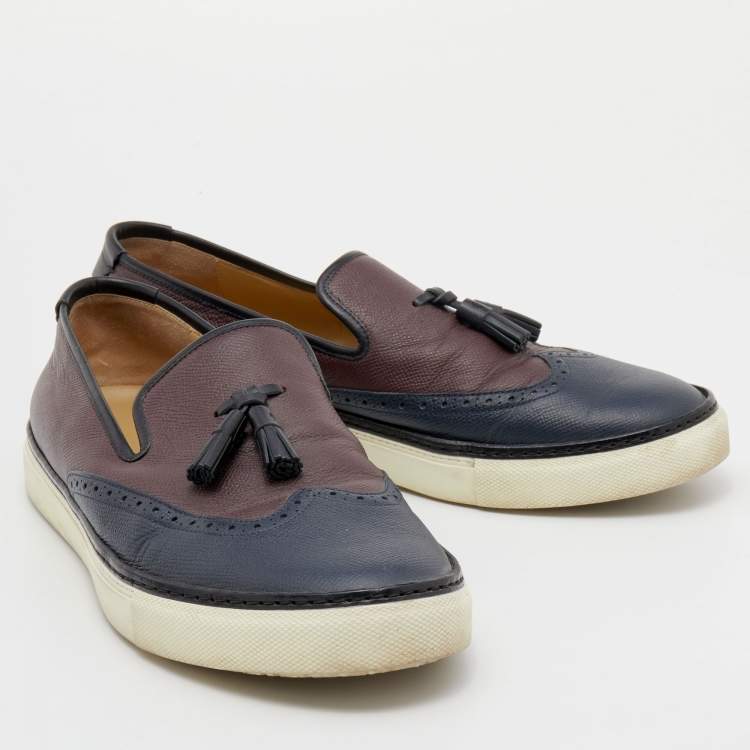 Pre Owned Hermes Blue/Burgundy Brogue Leather Must Tassel Slip On Sneakers Size 44