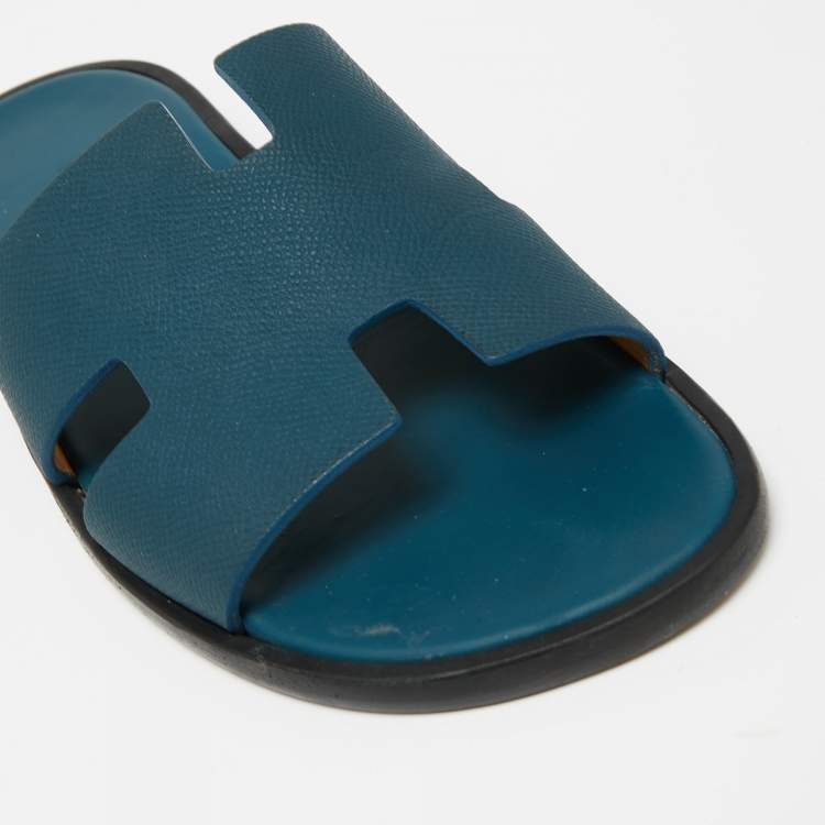 مملوكة مسبقًا Hermes Dark Teal Leather Izmir Flat Slides Size 42