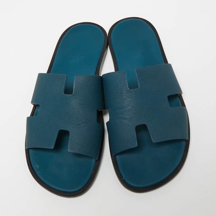 مملوكة مسبقًا Hermes Dark Teal Leather Izmir Flat Slides Size 42