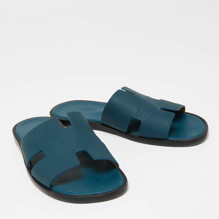 مملوكة مسبقًا Hermes Dark Teal Leather Izmir Flat Slides Size 42