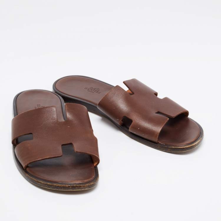Pre Owned Hermes Dark Brown Leather Izmir Slides Size 43