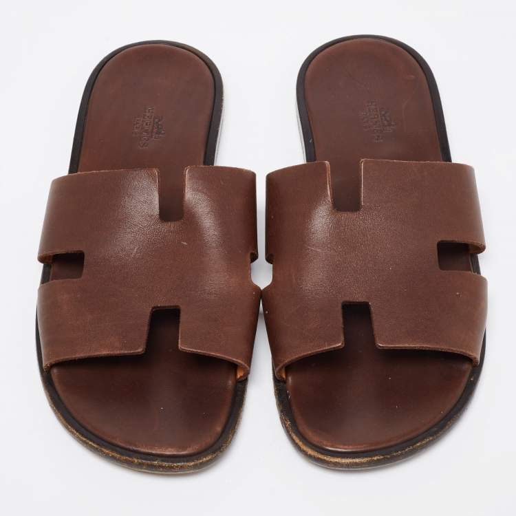 Pre Owned Hermes Dark Brown Leather Izmir Slides Size 43