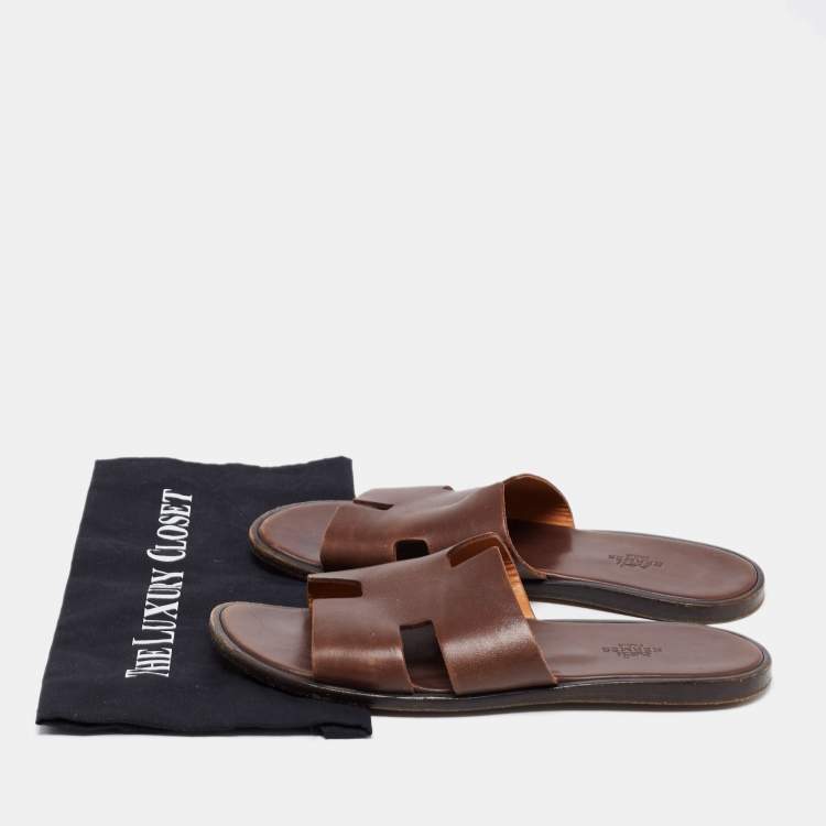 Pre Owned Hermes Dark Brown Leather Izmir Slides Size 43