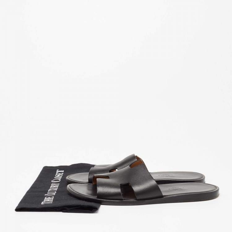 Pre Owned Hermes Black Leather Izmir Flat Slides Size 42  