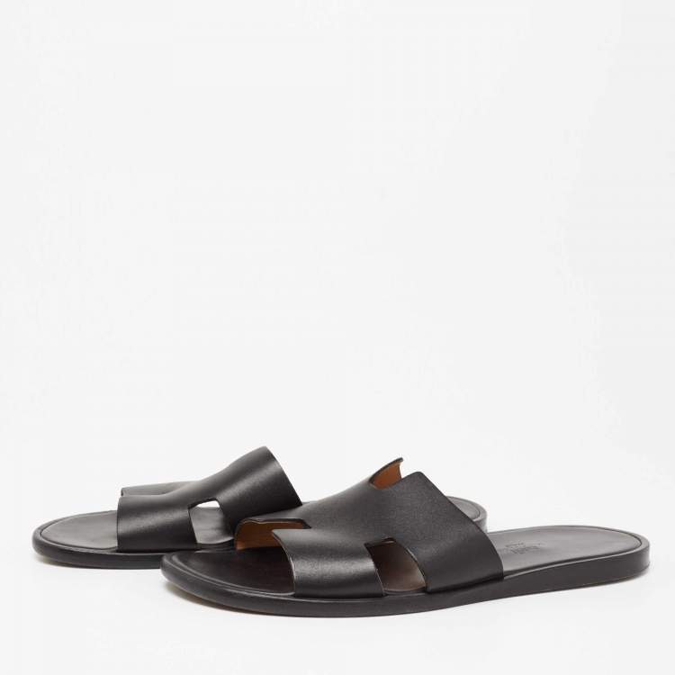 Pre Owned Hermes Black Leather Izmir Flat Slides Size 42  