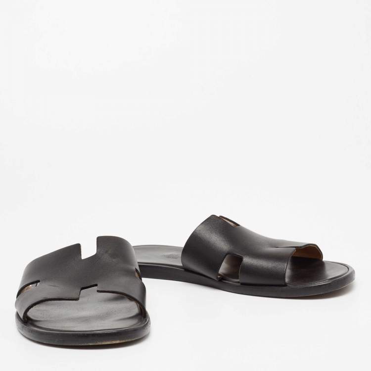Pre Owned Hermes Black Leather Izmir Flat Slides Size 42  