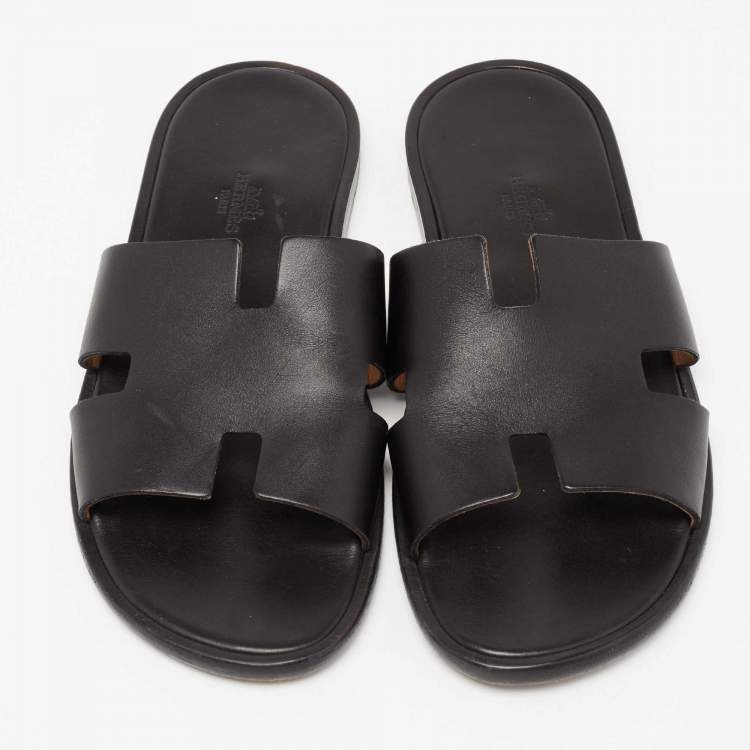 Pre Owned Hermes Black Leather Izmir Flat Slides Size 42  