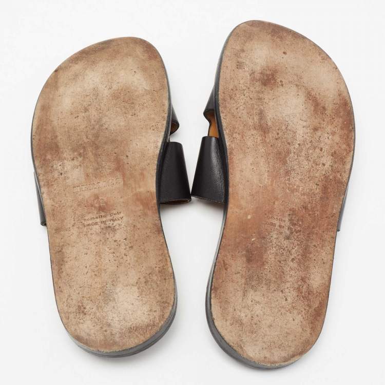 Pre Owned Hermes Black Leather Izmir Flat Slides Size 42  